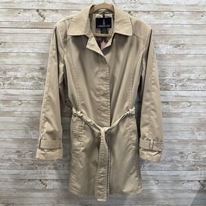 Vintage London Fog Women's XL Tan Mid Trench Coat w/ Belt Pink Silky Lined Print